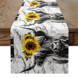 Erosebridal - Camino de mesa de vaca montañosa de 13 x 90 pulgadas, camino de mesa de ganado girasol, flor de vaca para sala de estar, recámara, gris, amarillo, verde, animales de granja de vida