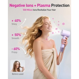 High-Speed Hair Dryer, 160,000 RPM Brushless Motor for Ultra-Fast Drying,500M Ionic Negative for Frizz Reduce, Low Noise Thermo-Control Blow Dryer with Diffuser for Curly Hair Women and Men,Purple