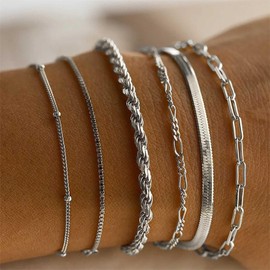 Inilbran Boho Geschichtet Schlange Kette Armband Verdreht Seil Armband Büroklammer Link Kette Armband Vintage Figaro Kette Armband Handkette Einstellbar Stapelbar Armband-Set Für Frauen (Silber)