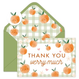 Whaline 24 Pack Orange Thank You Cards Green Plaid Orange Note Cards with Envelopes Stickers Little Cutie Blank Greeting Card for Baby Shower Birthday