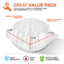 Disposable Plastic To Go Containers with Clear Lids (50 Pack) Fancy Hinged Top Square Clamshell Food Boxes for Take Out, Home Party Togo Clam Shell Box to Carry Cake, Dessert, Small Sandwich