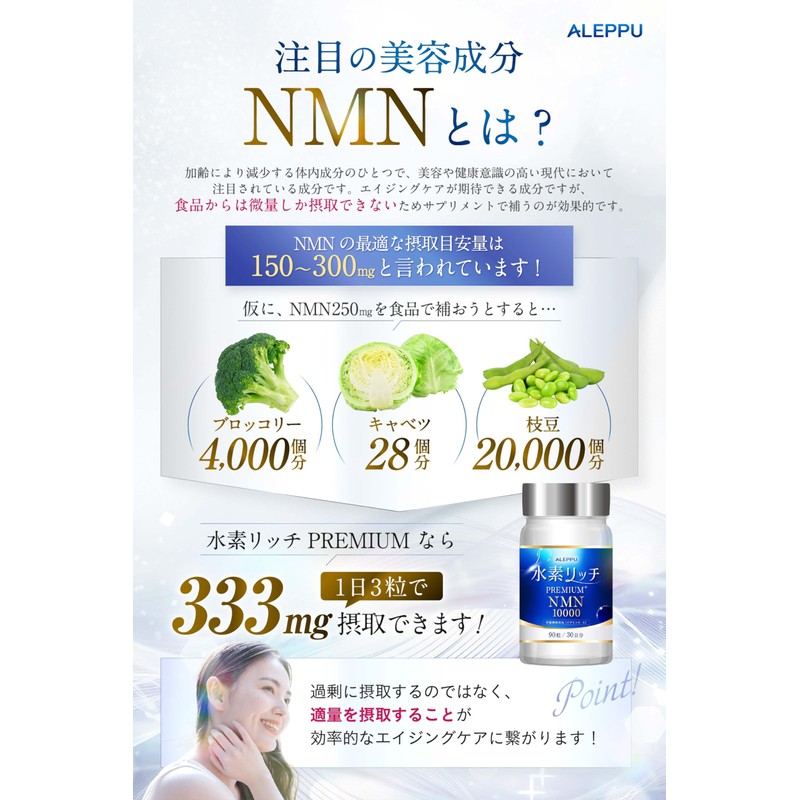 アレップ 水素リッチPREMIUM+NMN 水素サプリ 36時間持続【水素200mgｘNMN10,000mg配合】純度100% 30日分 2個セット