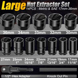 Topec Large Lug Nut Remover Socket Set 17-36mm, 1/2" Drive Wheel Lock Removal Tool, Heavy Duty Bolt Extractor Kit for Stripped, Damaged, Rounded Spindle Axle Nut, 14-Piece