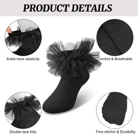 HZHSGLY 4Pairs Girls Frilly Socks, Frilly Socks Kids Cotton Lace Ankle Sock Girls Princess Dance Dress Ballet Sock for Girl Kid (Black+White)