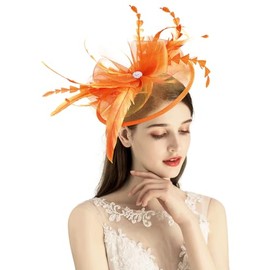 ELLYDOOR Fascinator Hats for Women Mesh Bow Rhinestone Feather Wedding Tea Party Derby Hat Clip Headband Orange
