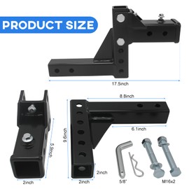 Adjustable Trailer Hitch Receiver for 2-Inch Receiver, Steel Tow Hitch Multiple Height Levels for Level Towing, Heavy-Duty Construction for Truck, SUV, RV, or Trailer