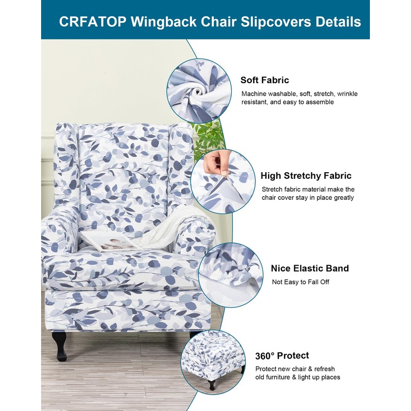 CRFATOP Wingback Chair Covers 2 Pieces Stretch Printed Wing Back