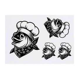 4 x 'Fish Chef' Temporary Tattoos - Water Resistant, Skin-Safe, Non-Toxic Transfers, Mixed Sizes (TO00077402)