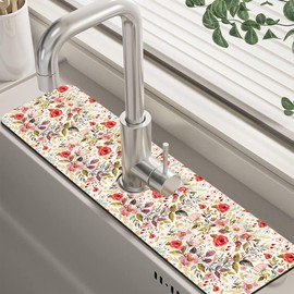 Abstract Red Pink Floral Dish Drying Mat for Kitchen Sink Splash Guard Behind Faucet Sink Mat Absorbent Fast Drying Faucet Draining Mat for Bathroom Kitchen 5.5"×24"