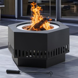 Sunjoy 28 in Smokeless Fire Pit with Removable Ash Pan, Outdoor Portable Hexagonal Wood Burning Fireplace with PVC Cover and Fire Poker,Ideal for Camping, Bonfire, and Backyard, Black