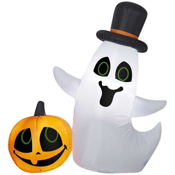 Gemmy Airblown 4' Inflatable Ghost w/Top Hat & Pumpkin Scene