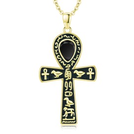Freesloth Ankh Necklace 925 Sterling Silver Egyptian Necklace Gold Ankh Cross Pendant for Men Women Ancient Egyptian Hieroglyphic Symbol with Black Onyx Amulet Jewelry