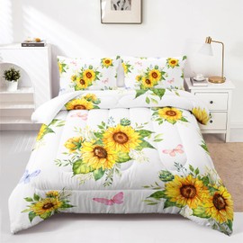 Nttopship Sunflower Comforter Sets,Floral Botanical 3-Pieces Microfiber Bedding Quilt for Girls Teens,Decorative Bedding Comforter Sets with 2 Pillow Shams, Twin Size