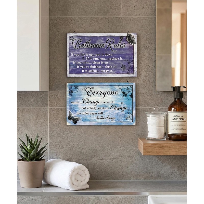2 Piece Funny Bathroom Rules Wall Art, Rustic Wooden Hanging