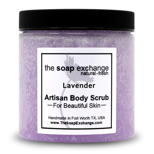 The Soap Exchange Sea Salt Body Scrub - Lavender Scent - Hand Crafted 8 fl oz / 240 ml Natural Artisan Skin Care, Shea Butter, Exfoliate, Moisturize, & Protect. Made in the USA.