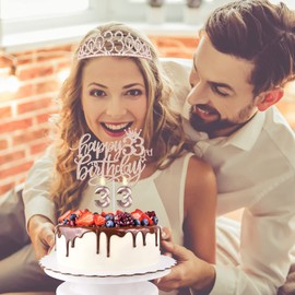 33 decoraciones de cumpleaños para mujeres, incluyendo 33 bandas de cumpleaños para mujeres, tiara/corona, número 33 velas y decoración de pasteles, oro rosa 33 regalos de cumpleaños para mujeres, decoraciones de cumpleaños, suministros de regalo