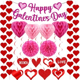 Happy Galentines Day Decorations Set, Happy Galentine's Day Banner, Heart Garland, Hanging Swirls, Heart Honeycombs, Paper Flower for Girls Women Happy Valentine Day Party Supplies Celebrating Ladies Decor
