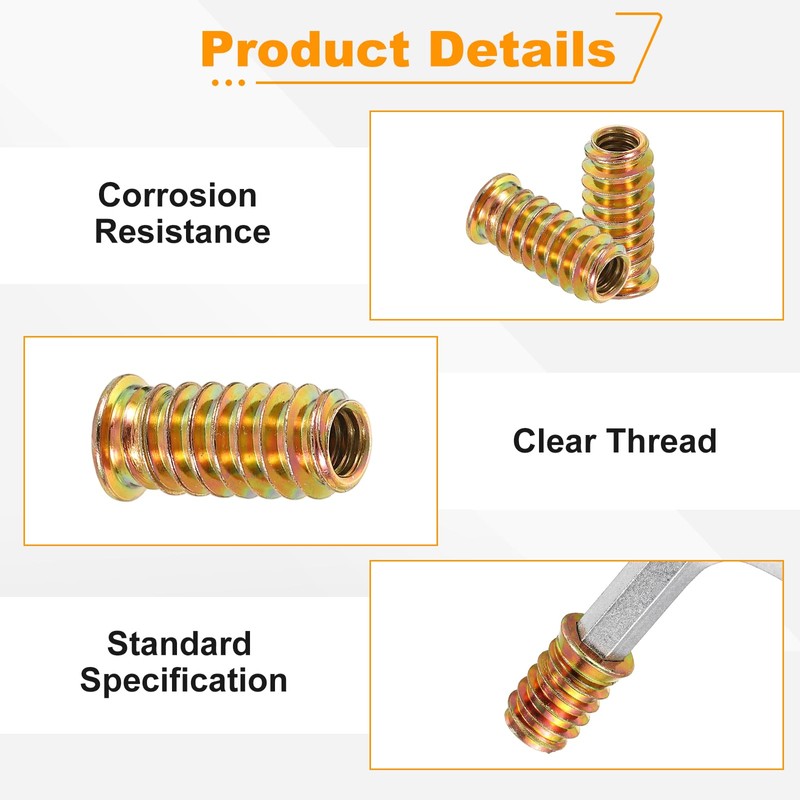 sourcing map 50 Pcs Threaded Insert for Wood, 1/4" -