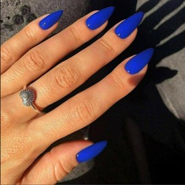 KQueenest Azul Oscuro Presione En Uñas Mediano Stiletto Almendra, Kit de Uñas Acrílicas de Color Puro Uñas Falsas Reutilizables Con Característica Recubrimiento Uv Protector para Mujeres Nail Art Mani