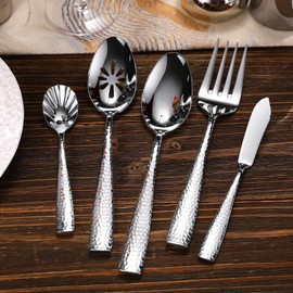 KEAWELL Premium Louis Hammered Serving Utensils, 18/10 Stainless Steel, Squared Edge Design, Mirror Finish, Dishwasher Safe (Hostess Serving Utensil Set)