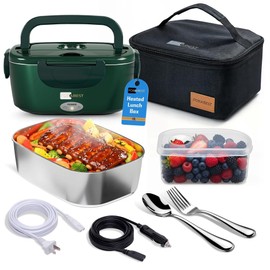 FORABEST Heated Lunch Box, 80W Electric Lunch Box for Adults, Portable Food Warmer with 1.5L Stainless Steel Container, Utensils, Carry Bag & Leakproof Lid, 12V/24V Car/Truck & 110/120V Home/Office