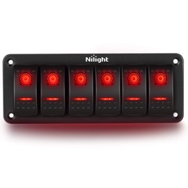 Nilight 6 Gang Rocker Switch Panel 5Pin On Off Toggle Switch Aluminum Holder 12V 24V Dash Pre-Wired Red Backlit Switches for Automotive Cars Marine Boats RVs Truck, 2 Years Warranty