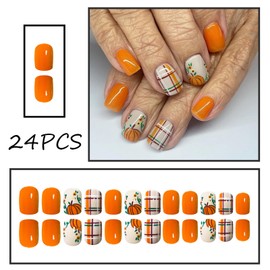 24Pcs Fall Square Press on Nails Short Thanksgiving Fake Nails with Pumpkin Grid Design Orange False Nails Artificial Acrylic Nails Press ons Autumn Pumpkin Design Reusable Stick on Nail for Women