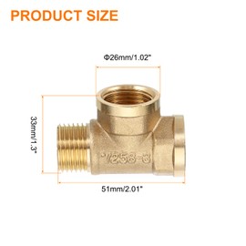 sourcing map Brass Tee Pipe Fitting, G1/2" (Female x Female x Male) 3 Way T-Connector Fitting Coupler Adapter for Gas Transport Connect Pipelines, 2pcs