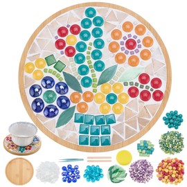 WEBEEDY DIY Flower Pot Mosaic Coaster Kit Colorful Mosaic Tiles Pieces with Circle Bamboo Coaster Art Coasters Making Kit with Instruction for Beginner Adult Handmade Home Decor,15.5cm