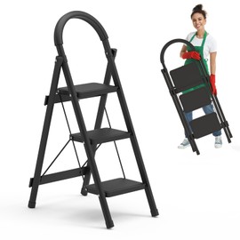 KOCASO 3 Step Ladder, Foldable Step Stool with Safety Lock, Non-Slip Pedals & Handgrip, 330lbs Load Capacity, Portable and Lightweight, Ideal for Kitchen, Office, Household Use, Step Stool for Adults