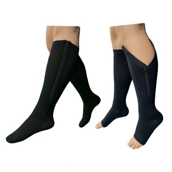 Presadee Seniors 15-20 mmHg And 20-30 mmHg Zipper Compression Easy Zip Up Socks Swelling Calf Leg Day And Night 2 Pack (L/XL, Black)