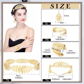 SAILIMUE 5 Pcs Greek Goddess Costume Accessories Set for Women Golden Laurel Leaf Crown Headband Armband Coil Bracelet Leaf Dangle Earring Bridal Wedding Headpiece Toga Party
