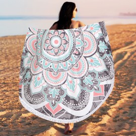 LIVILAN Round Boho Bohemian Mandala Beach Towel,Thick Microfiber Cute Circular Quick Drying Sand Free Beach Towel, Circle Towel Hippie Gifts for Women, 59 inches Madiation Tapestry with Tassels