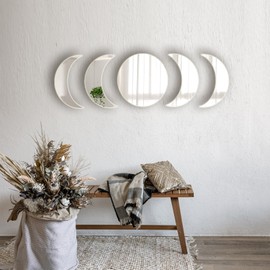 5 Pieces Acrylic Mirror Wall Stickers Natural Wall Decor Self Adhesive Mirrors Stickers Moon Phase Mirror Bohemian Wall Decoration for Home Living Room Bathroom Bedroom Decor (15cm)