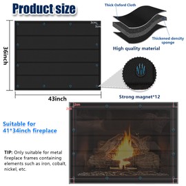 Magnetic Fireplace Blanket for Heat Loss Indoor Fireplace Covers Keep Drafts Out Stops Heat Loss Fireplace Draft Stopper with Built-in 12 Strong Magnet for Iron Fireplace Frame Fireplace Screen 43x36