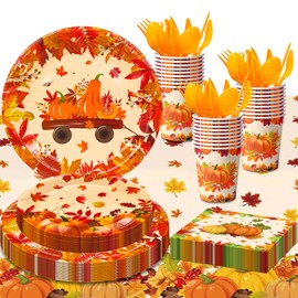 Thanksgiving Party Supplies Tableware, 113 Pcs Thanksgiving Plates and Napkins Sets - Thanksgiving Decorations Plates Tablecloth Napkins Cups for Friendsgiving Decorations & Fall Party Decorations