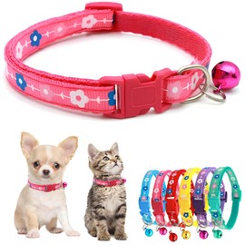 Hot Pink Kitten Collar with Bell, Flower Print Girl Puppy Collars Floral Cute Adjustable Buckle for XXS XSmall Extra Small Cat Dogs Female Little Tiny Pets Yorkie Chihuahua X-Small