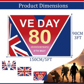 VE Day 80th Anniversary Flag 5ftx3ft,Large Flag Decorations for 2025 VE Day 80th Anniversary Flag Celebration Memorabilia Flag 80 Years Victory In Europe VE Day Decorations
