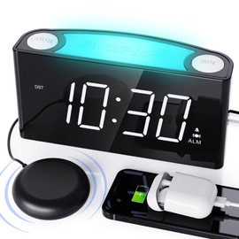 Vibrating Alarm Clock with Bed Shaker for Heavy Sleepers, Beside Clock with Night Light for Bedrooms, 2 USB Chargers,Large LED Display with Dimmer,Snooze 12/24H DST, Battery Backup