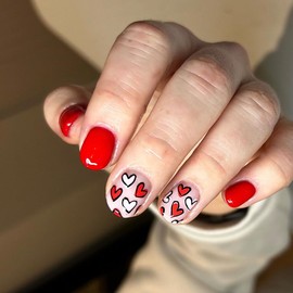 Extra Short Fake Nails Valentine Heart Press on Nails Red Glossy False Nails with Designs Square Artificial Acrylic Nails Valentine Stick on Nails Short Glue Nails for Women Girls Manicure Kit