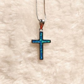 PELEIFA Blue Opal Cross Crucifix Necklace,Opal 925 Stering Silver Saint Cross Choker Statement Necklace for Women