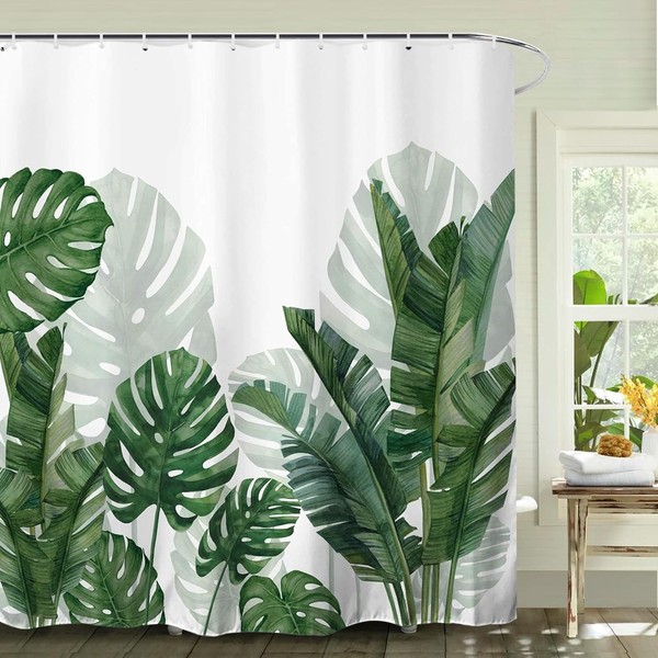 Homorro Shower Curtain 180 x 200 cm White Anti-Mould Bath Curtain Green Plants Motif with Eyelets Shower Curtains Fabric Vintage Mould Resistant Bathtub Bathroom Curtain Pattern Shower Curtains
