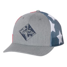 Trenz Shirt Company Men's Outdoors Geometric Mirror Scenic Forest Woodland Embroidered Mesh Back Trucker Hat, Heather Grey/American Flag Mesh
