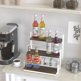 J JACKCUBE DESIGN Coffee Syrup Organizer Rack, Rustic Wood and Metal Wire, 3-Tier 12 Bottles Compartment Display Holder Coffee Station Bar Accessory for Syrup, Wine, Dressing(White) - MK815B