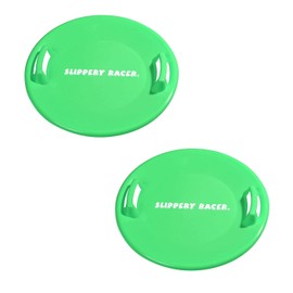 Slippery Racer Heavy-Duty Cold Resistant Downhill Pro Adults and Kids Plastic Outdoor Winter Saucer Disc Snow Sled with Handles, Green (2 Pack)