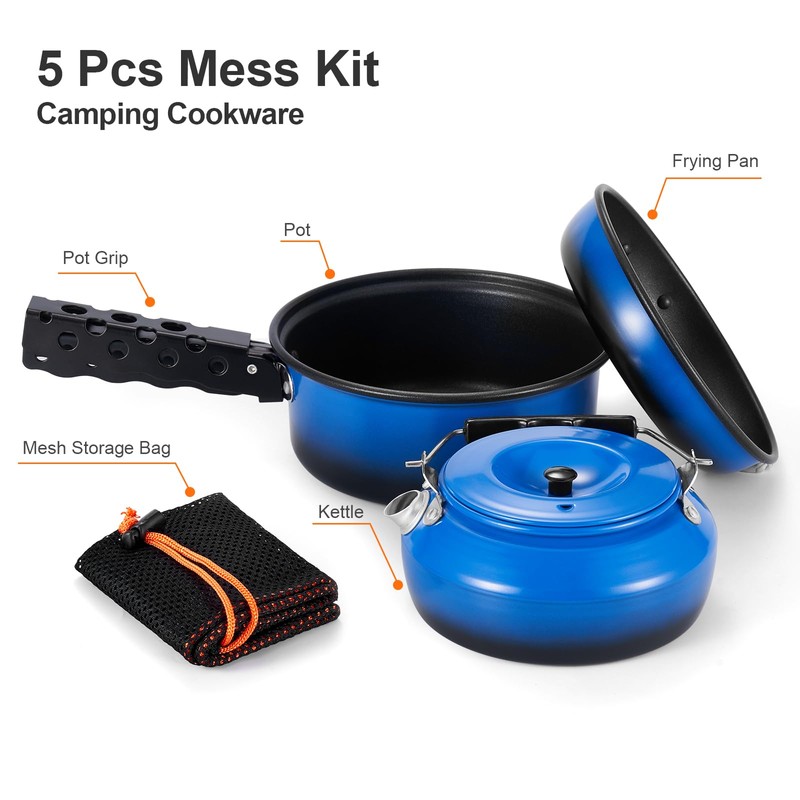 Odoland 5pcs Camping Cookware Mess Kit, Non-Stick Lightweight Pot Pan
