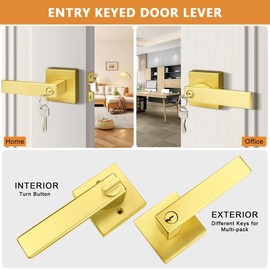 Probrico Gold Keyed Entry Door Handle Square Heavy Duty Entrance Door Lock Levers Reversible Lockset for Exterior and Interior Doors (Different Keys, 2 Pack)