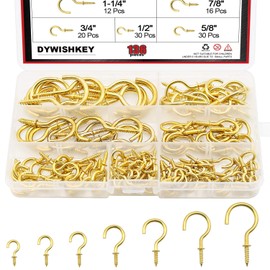 Cup Screw Hooks for Hanging, DYWISHKEY 136PCS 7 Sizes Cup Hooks Kit, Brass Plated Screw-in Cup Hooks for Home, Office and Workplace (1/2", 5/8", 3/4", 7/8", 1'', 1-1/4", 1-1/2")