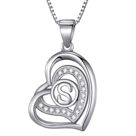 Morella® Ladies’ Necklace Heart with a letter, 925 Sterling, Rhodium-Plated Silver, with Zirconia stone, White, 46 cm, Silver