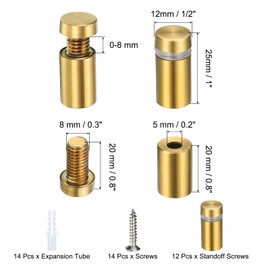 sourcing map 12 Pcs 1/2" x 1" Standoff Screws Stainless Steel Wall Mount Sign Mounting Hardware Kit with 14pcs Screws for Hanging Acrylic Glass Signs Advertising Boards, Brushed Gold